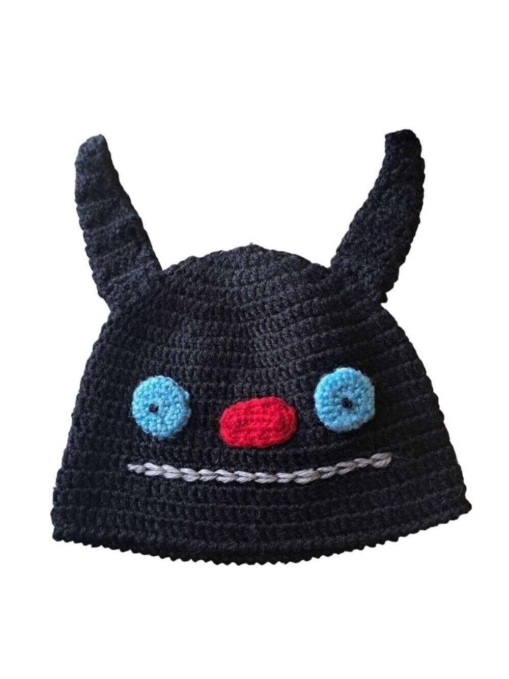 Kids knitted UGLY DOLL hat black funny face ears One Size